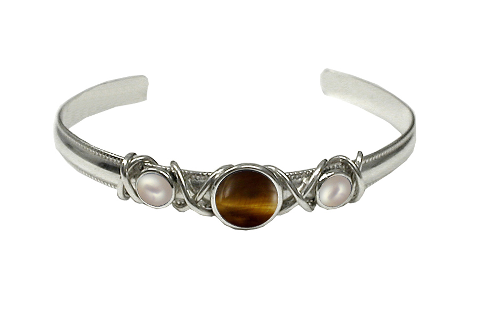 Sterling Silver Hand Made Cuff Bracelet With Tiger Eye And Cultured Freshwater Pearl